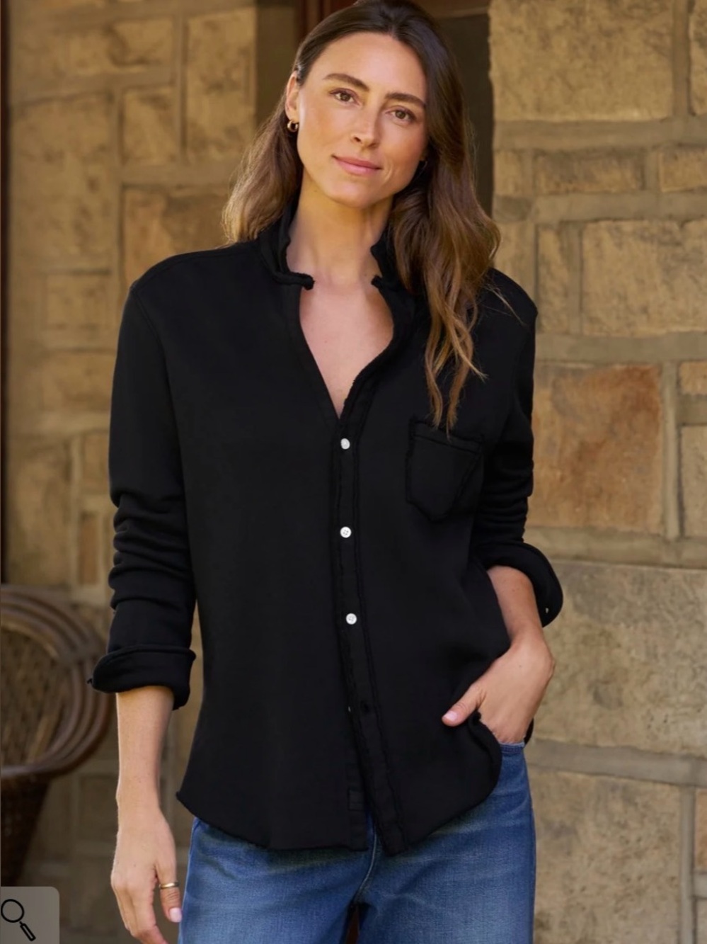 Frank & Eileen EILEEN Sweatshirt Button-Up Classic Women's Black fleece Sz S